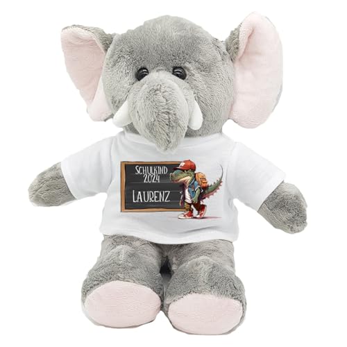 Kilala Personalisierter Elefant-Kuscheltier zur Einschulung 2024 – Kuscheliger Begleiter mit T-Shirt und Name – Perfekt für die Schultüte, Sitzhöhe 21 cm (Dino) von Kilala