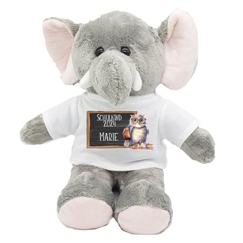 Kilala Personalisierter Elefant-Kuscheltier zur Einschulung 2024 – Kuscheliger Begleiter mit T-Shirt und Name – Perfekt für die Schultüte, Sitzhöhe 21 cm (Eule) von Kilala