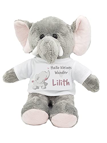 Kilala personalisiert Geschenk zur Geburt Kuscheltier Elefant mit Namen Babybild Schmusetier (Elefant mit rosa Herz) von Kilala