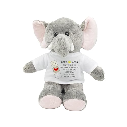 Kilala Kuscheltier Elefant, T-Shirt mit Aufdruck Kopf hoch, personalisiert mit Wunschname, Geschenk zur Genesung oder als Talisman, 21 cm groß von Kilala