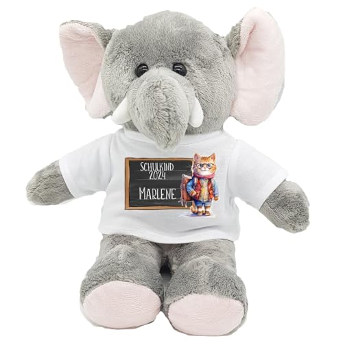 Personalisierter Elefant-Kuscheltier zur Einschulung 2024 – Kuscheliger Begleiter mit T-Shirt und Name – Perfekt für die Schultüte, Sitzhöhe 21 cm (Katze) von Kilala