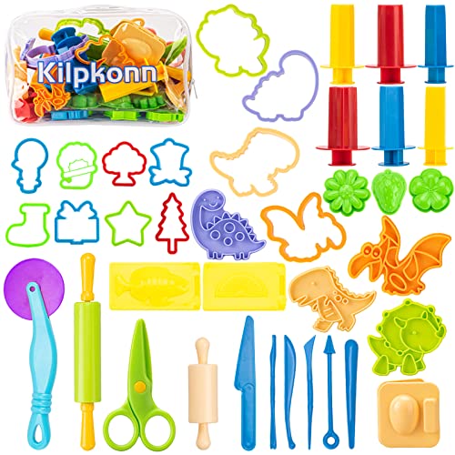 42pcs Knete Zubehör, Knetwerkzeug Set, Formen, Form, Schere, Knete Teigroller mit Aufbewahrungstasche, Spielset Knete zubehör für Kinder Kleinkinder Jungen Mädchen von Kilpkonn