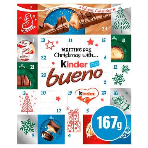 Kinder Bueno Adventskalender 2024 Weihnachten Advent 24 verschiedene Waffeln mit Milchschokolade überzogen mit Milch- und Haselnussfüllung (167g) von Kinder