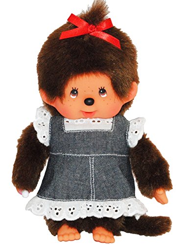 Mädchen Monchhichi mit Jeans Kleid und Rüsche Monchichi Lacy Jamper Jeanskleid Pink Girl mit Zopf von Kinderland