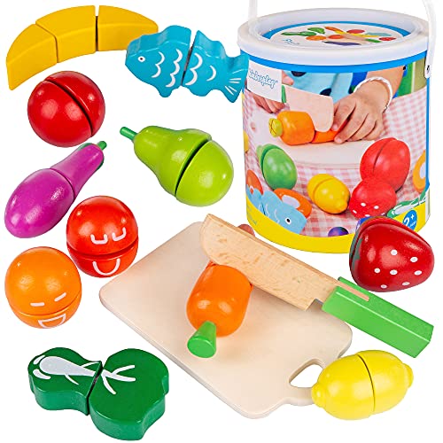 Kinderplay Lebensmittel Holz Obst, Gemüse, Früchte zum Schneiden - Kinder Spielzeug, Magnetspielzeug, Schneideobst, 14-teiliges Lebensmittel Spielset, KP1684 von Kinderplay