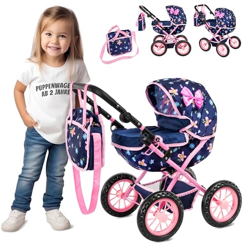 Kinderplay Puppen-Kinderwagen, tiefes faltbares Design mit verstellbarem Griff und Tasche KP0262I von Kinderplay