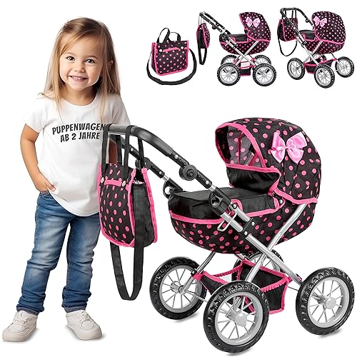 Kinderplay Puppenwagen ab 2 Jahre, Kinderwagen Puppen - Leichte und Stabile Konstruktion, Kinderpuppenwagen ab 3 Jahre, Höhenverstellbar von 33 bis 63 cm, KP0262G von Kinderplay