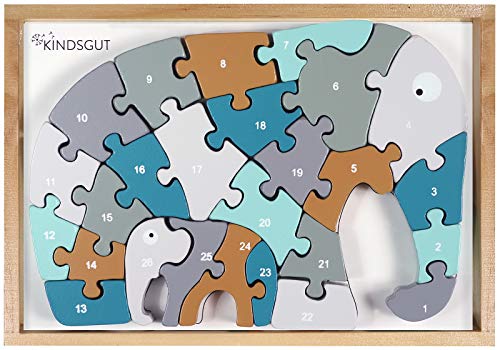 Kindsgut Zahlen-Puzzle aus Holz, Lern-Spielzeug für Klein-Kinder, fördert die Motorik, spielerisch die Buchstaben Lernen, hochwertige Qualität, Schlichtes Design und dezente Qualität, Elefant von Kindsgut