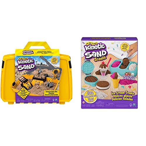 Kinetic Sand Baustellen Koffer - mit 907 g magischem Schweden, Baustellenfahrzeug und Zubehör für kreatives Indoor-Sandspiel, ab 3 Jahren & Eiscreme Set mit Duftsand - 454g magischer Sand, ab 3 Jahren von Kinetic Sand