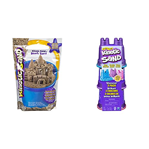 Kinetic Sand Beach Sand 1,4 kg - echter Strandsand aus Schweden mit einer Prise Magie für Indoor Sandspiel & Schimmer Sand 3er Pack 340 g - 3 Farben Glitzersand aus Schweden für Indoor Sandspiel von Kinetic Sand