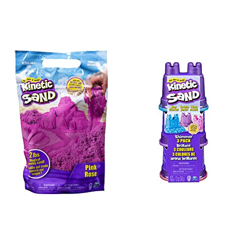 Kinetic Sand Beutel Pink, 907 g - magischer Sand aus Schweden für Indoor-Sandspiel, ab 3 Jahren & Schimmer Sand 3er Pack 340 g - 3 Farben Glitzersand aus Schweden für Indoor Sandspiel, ab 3 Jahren von Kinetic Sand