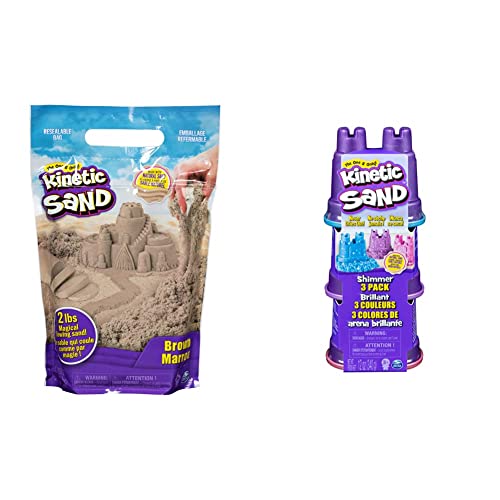 Kinetic Sand Beutel naturbraun, 907 g - magischer Indoor-Spielsand aus Schweden, ab 3 Jahren & Schimmer Sand 3er Pack 340 g - 3 Farben Glitzersand aus Schweden für Indoor Sandspiel, ab 3 Jahren von Kinetic Sand