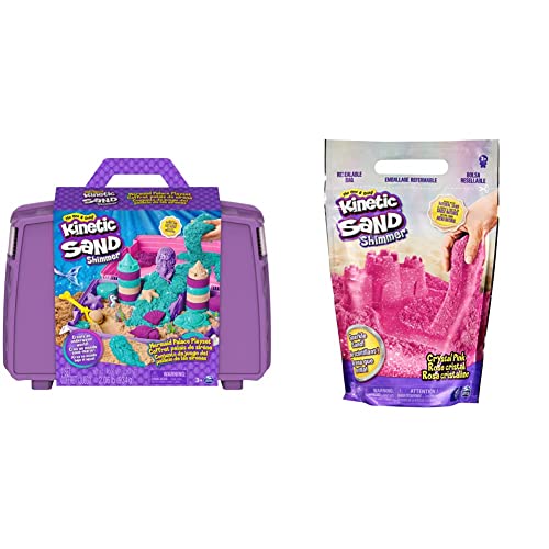 Kinetic Sand Meerjungfrauen Koffer - mit 1 kg original 3 Farben, 6 Förmchen, 1 Schaufel für kreatives Indoor-Sandspiel, ab 3 Jahren & Schimmersand Crystal Pink, 907 g - rosa ab 3 Jahren von Kinetic Sand