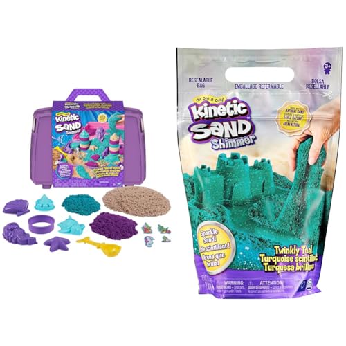 Kinetic Sand Meerjungfrauen Koffer - mit 1 kg original kinetischem Sand aus Schweden in 3 Farben & Schimmersand Petrol, 907 g - blaugrüner Glitzersand für Indoor-Sandspiel aus Schweden, ab 3 Jahren von Kinetic Sand