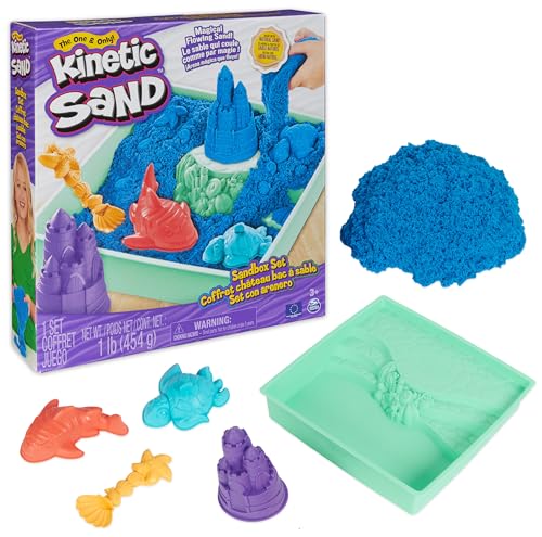 Kinetic Sand Sandbox Set Blau - mit 454 g original magischem kinetischem Sand aus Schweden, 1 Sandbox, 3 Förmchen, 1 Schaufel für kreatives Indoor-Sandspiel, für Kinder ab 3 Jahren von Kinetic Sand