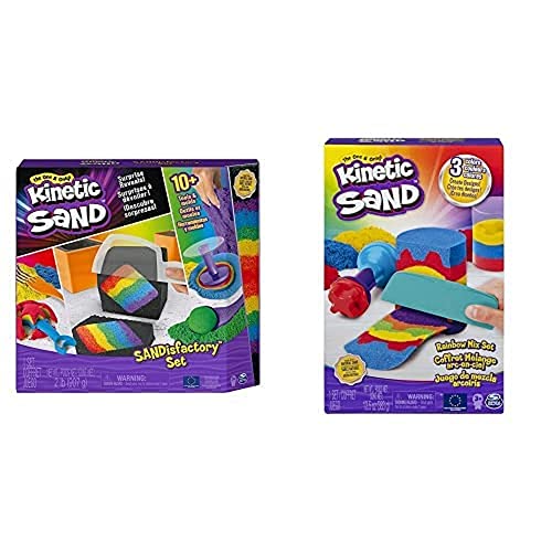 Kinetic Sand Sandisfactory Set für Indoor Sandspiel & Regenbogen Mix Set mit 383 g 3 Farben und Förmchen von Kinetic Sand