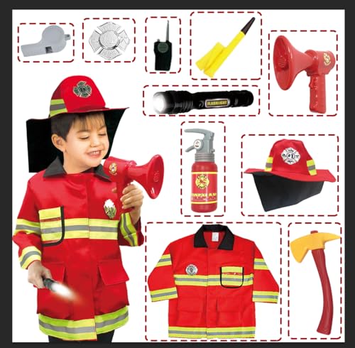 Kinfezlon Feuerwehr Kostüm Kinder, Waschbares Feuerwehrmann Kostüm Kinder, Feuerwehr Rollenspiel Set mit Feuerlöscher Feuerwehrhelm Walkie-Talkie Feuerwehrmann Spielzeug, für Kinder 3 4 5+Jahren von Kinfezlon