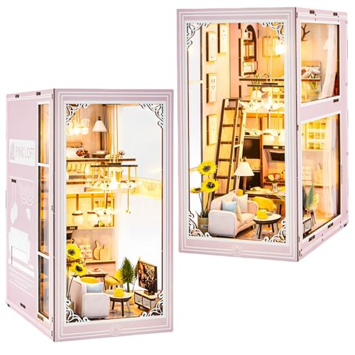 DIY Book Nook Kit Pink Apartment - Romantische Miniatur Loft Stil 3D Puzzle Handgefertigte Buchstütze für Erwachsene von KingStora