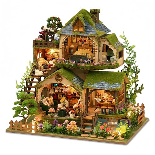 Forest Adventure Miniatur-Puppenhaus-Set, zweistöckige, rustikale Szene, bedeckt mit Grün und gemütlichem Dekor von KingStora