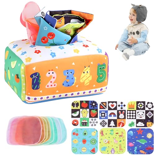 KingYH Tissue Baby Spielzeug Box Montessori Sensorik Nummer Interaktive Baby Sensorische Spielzeug Box Baby Tissue Box Toy mit Crinkle Tuch und Farbiges Tuch für Baby 3-12 Monate Mädchen Junge Baby von KingYH