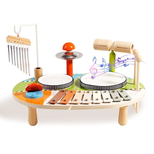 6 In 1 Kinder Trommel Set, Schlagzeug Aus Holz, Musiktisch Mit Xylophon Windspiel, Baby Montessori Schlaginstrumente Spielzeug Ab 1 Jahre, Geschenk, B von Kingbar