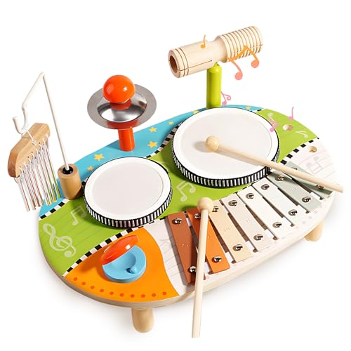 6 In 1 Kinder Trommel Set, Schlagzeug Aus Holz, Musiktisch Mit Xylophon Windspiel, Baby Montessori Schlaginstrumente Spielzeug Ab 1 Jahre, Geschenk von Kingbar