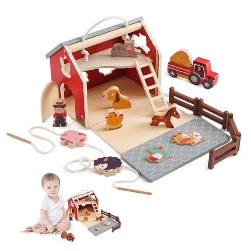 Kingbar Bauernhof Steckhaus Holz Spielzeug, Montessori Sensorisches Spielzeug Mit Scheun, 8 Holztiere Sortier Stapel, Pretend Playset, Motorikspielzeug Sortierspiel von Kingbar