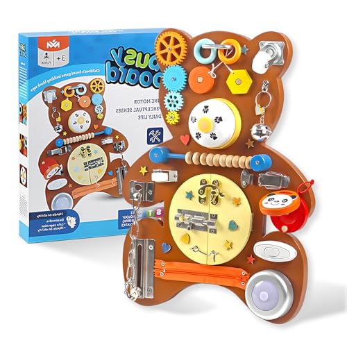 Kingbar Busy Board Montessori, 16 In 1 Activity Board Sensorik Spielzeug Für 1-6 Jahr, Holzspielzeug Mit Holzperlen, Zahnrad, Reißverschluss, Motorikspielzeug, Brown von Kingbar