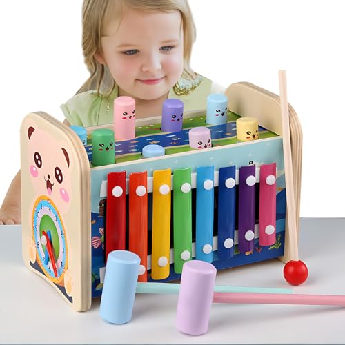 Kingbar Montessori Spielzeug, 4-in-1 Hammerspiel, Xylophon, Zahnräder Und Uhr, Holzspielzeug Klopfspiel, Motorikwürfel Lernspielzeug, Geschenk Für Mädchen Junge, 4 in 1 von Kingbar