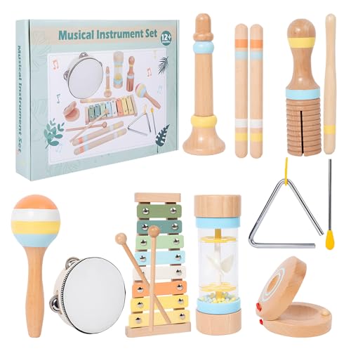 Musikinstrumente Für Kinder, Holzspielzeug Percussion Set, Trommel Xylophon Montessori Kinderspielzeug, Geburtstag Weihnachts Geschenk, 9 PCS von Kingbar