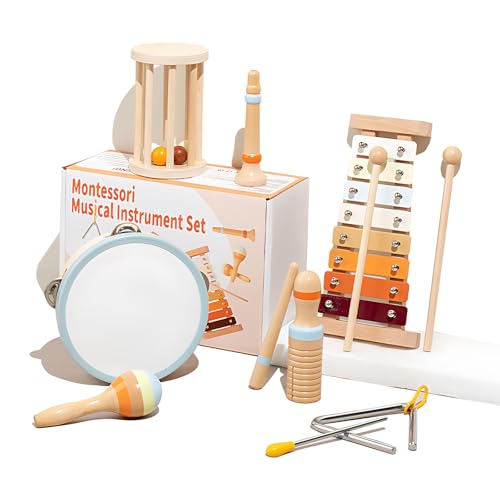 Musikinstrumente Für Kinder, Percussion Set, Glockenspiel, Tambourin Aus Holz, Maracas, Montessori Holzspielzeug Für Kinder Vorschulbildung 3+, 7PCS von Kingbar