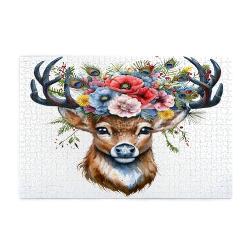 Aquarell Hirschkopf-Puzzles 1000 Teile pädagogische intellektuelle Holzpuzzles, lustige Puzzles, Stressabbau-Puzzles, 75 x 50 cm (L x B) von Kingww