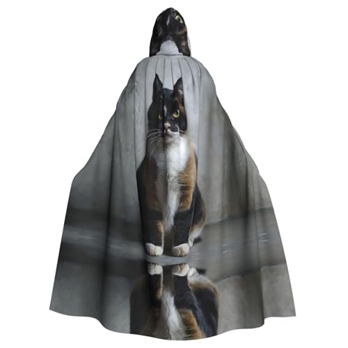 Kingww Schwarzer und weißer Katzen-Halloween-Umhang mit Kapuze für Männer und Frauen: leichter Polyester-Umhang mit Kapuze – perfekt für Cosplay, Halloween und Kostümpartys von Kingww