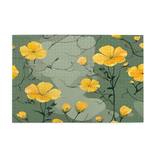 Puzzle mit gelben Blumen, Grün, 1000 Teile, pädagogische, intellektuelle Holzpuzzles, lustige Puzzles, Stressabbau-Puzzles, 75 x 50 cm (L x B) von Kingww