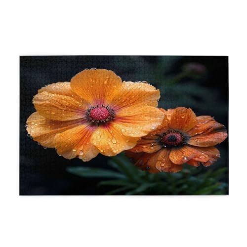 Puzzle mit orangefarbenen Blumen, 1000 Teile, pädagogische, intellektuelle Holzpuzzles, lustige Puzzles, Stressabbau-Puzzles, 75 x 50 cm (L x B) von Kingww