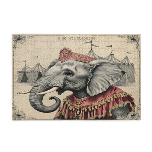 Retro Zirkus Elefant Puzzles1000 Teile pädagogische intellektuelle Holzpuzzles, lustige Puzzles, Stressabbau-Puzzles, 75 L x 50 B cm von Kingww