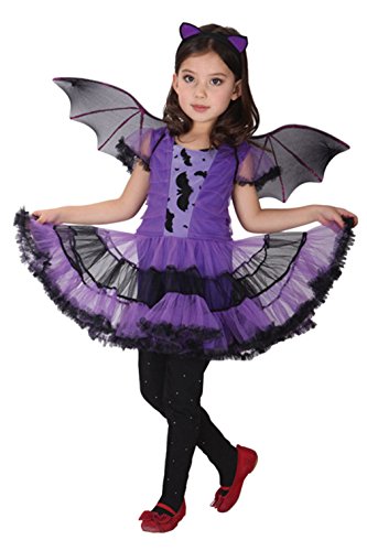 Kiniris Kostüm Halloween Fledermaus Mädchen Kostüm Vampir mit Flügeln Kostüm Halloween Kinder Mädchen Karneval Abend Kleid Tutu (7-9 Jahre, Violett) von Kiniris