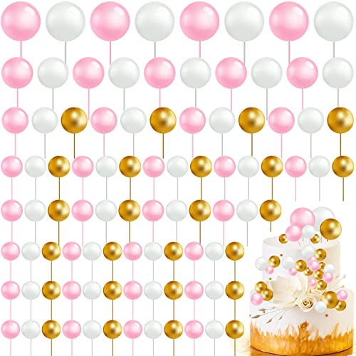 Kinmsito 108 Stück Tortendeko Kugeln,Schaumkugeln Cupcake Topper,Kuchen Dekoration Kugel DIY Kuchen Insert Topper,Schaum Ball Kuchen Picks für Geburtstag Hochzeit Babyparty (Rosa/Weiß/Gold) von Kinmsito