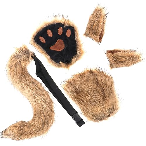 Kinsinder 5pcs Fuchsohren und Chwanz Set, Cosplay Kostüm Set Fox Wolf Cosplay Fuchs Kostüm Ohren und Plüsch Klaue Handschuhe Cosplay Fancy Dress Zubehör für Kinder Erwachsene (Braun) von Kinsinder