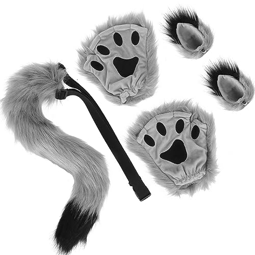 Kinsinder 5pcs Fuchsohren und Chwanz Set, Cosplay Kostüm Set Fox Wolf Cosplay Fuchs Kostüm Schwanz Clip Ohren und Plüsch Klaue Handschuhe Cosplay Fancy Dress Zubehör für Kinder Erwachsene von Kinsinder