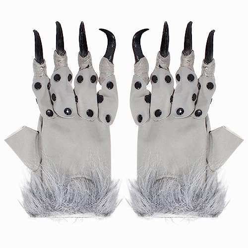 Kinsinder Halloween Kostüm Handschuhe, Werwolf Handschuhe, Halloween Pfoten Handschuhe, Cosplay Party Requisiten, Schrecklicher Wolfshandschuhe (Grau) von Kinsinder