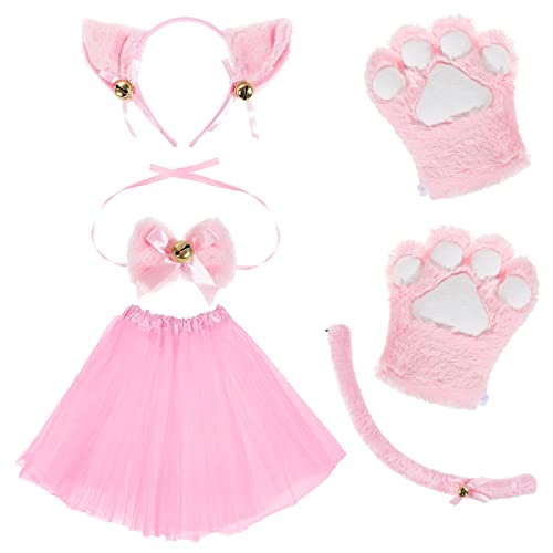 Kinsinder Katze Cosplay Set, Katzen Kostüm Set, Katzenohren Stirnband Kätzchen Schwanz Ohren Kragen Pfoten Handschuhe Party Kostüm Set für Kinder Frauen Mädchene (Rosa) von Kinsinder