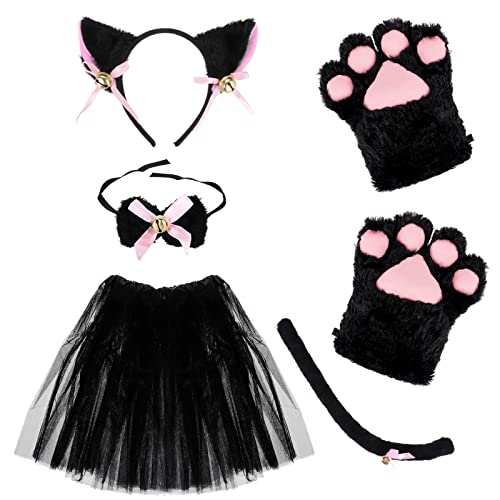 Kinsinder Katze Cosplay Set, Katzen Kostüm Set, Katzenohren Stirnband Kätzchen Schwanz Ohren Kragen Pfoten Handschuhe Party Kostüm Set für Kinder Frauen Mädchene (Schwarz) von Kinsinder