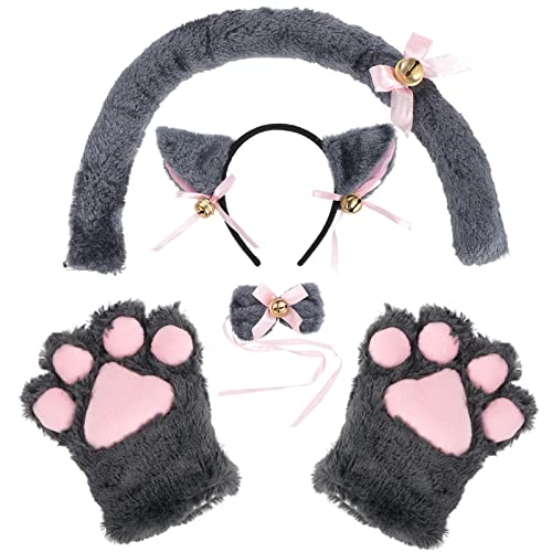 Kinsinder Katze Cosplay Set, Katzenkostüm Kinder, Katzenohren Stirnband Kätzchen Schwanz Ohren Kragen Pfoten Handschuhe Party Kostüm Set für Kinder Frauen Mädchene (Grau) von Kinsinder