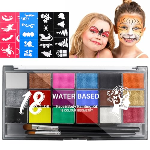 Kinwer Skinderschminke Set, 18 Farben Kinderschminke Halloween Halloween Schminke Mit Bürste und 3 Tattoo-Vorlagen Waschbar, Perfekt Körperbemalung für Halloween Ostern Themenpartys von Kinwers