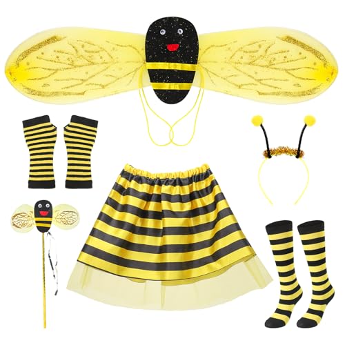 Kinwers Bienenkostüm Kinder,6 Stück Kostüm Biene Kinder Bienen Kostüm Zubehör mit Haarreif, Flügel, Rock, Zauberstab,Socken, Handschuhe,Faschingskostüme Kind Prinzessin Tutu Karneval Fasching von Kinwers