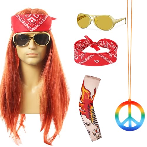 Kinwers Hippie Kostüm Herren,5er Set Hippie Kostüm Vokuhila Perücke Bandanas Sonnenbrille Frieden Zeichen Halskette 90er Jahre Outfit Herren,80er 90er Mottoparty Halloween Fasching Karneval. von Kinwers