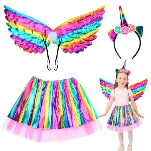 Kinwers Kostüm Einhorn Kinder,3 Stück Einhorn Kostüm Mädchen Einhorn Haarreif Flügel Kinder Prinzessinnenkleid, Für 3-8 Jahren Geeignet Cosplay Karneval Kostüm Kinder von Kinwers