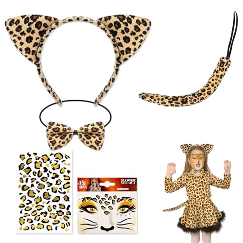 Kinwers Leoparden Kostüm Kinder,5-teiliges Set Tier Leopard Ohren Damen Haarreif Fliege mit Temporäre Tattoos, für Halloween Cosplay Partys, Karneval Party von Kinwers