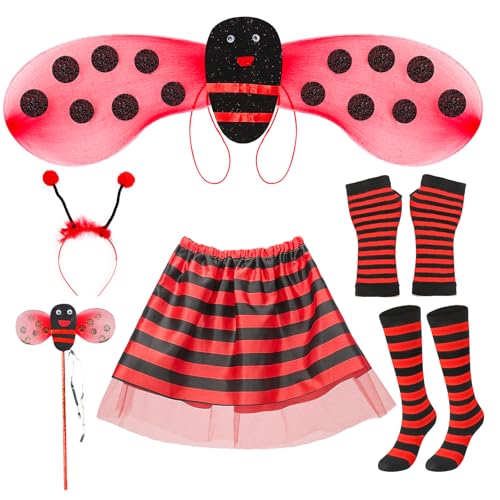 Kinwers Marienkäfer Kostüm Kinder,6 Stück Ladybug Kostüm Mädchen mit Haarreif, Flügel, Rock, Zauberstab,Socken, Handschuhe, Marienkäfer Kostüm Baby Prinzessin Tutu Karneval Kostüm Kinder von Kinwers